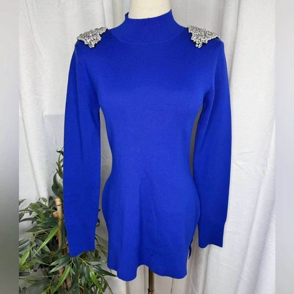 NWT Bebe Embellished Mock Neck Tunic Sweater in Galactic Cobalt Sz M
